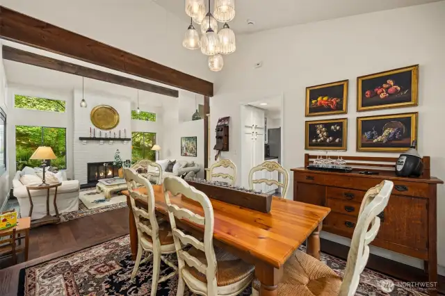 The dining room adjoins the kitchen, for formal and relaxed dining