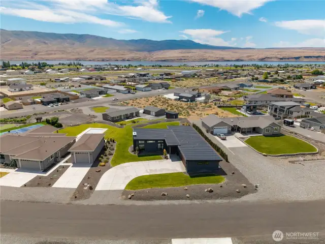 Aerial view of home facing Columbia River.