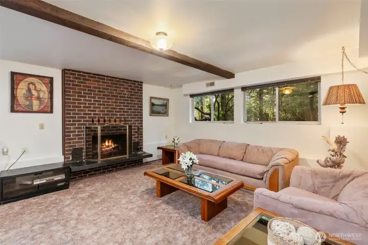 Downstairs living room with fireplace
