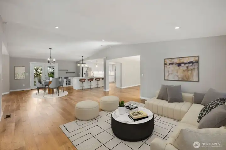 Virtually staged open concept great room designed for entertaining and everyday living in this nearly 3,000 sq ft Puyallup home.