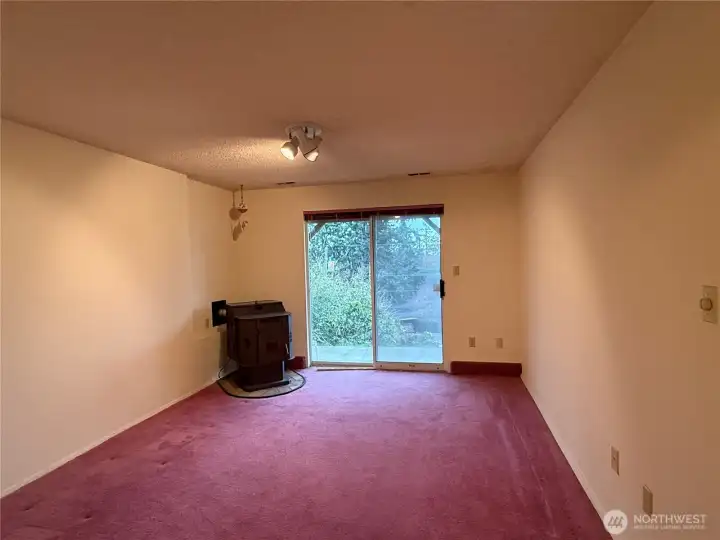 Lower level living area with cozy pellet stove