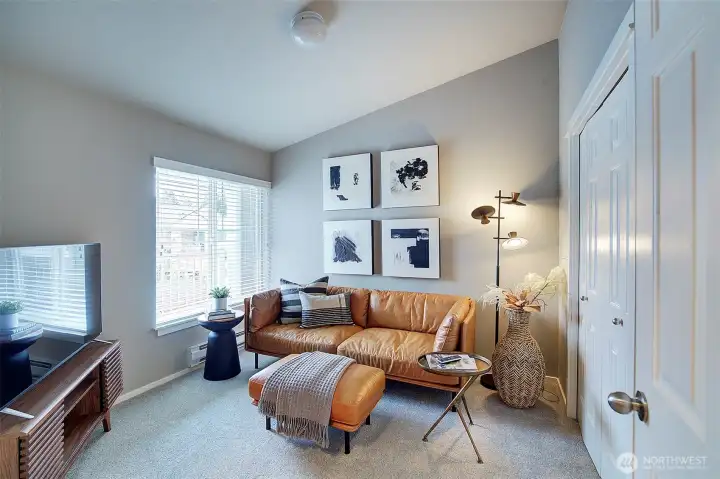 Bedroom 3 (currently used as media/TV room, with vaulted ceiling and closet.
