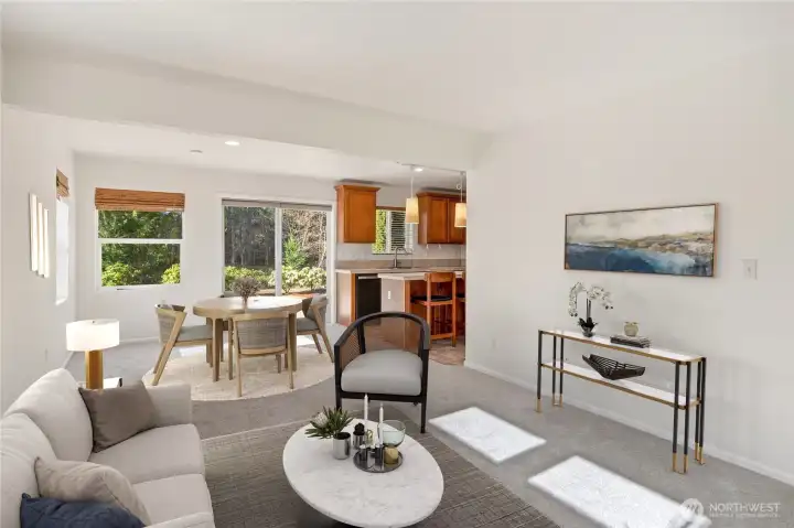 Living and dining area, staged.