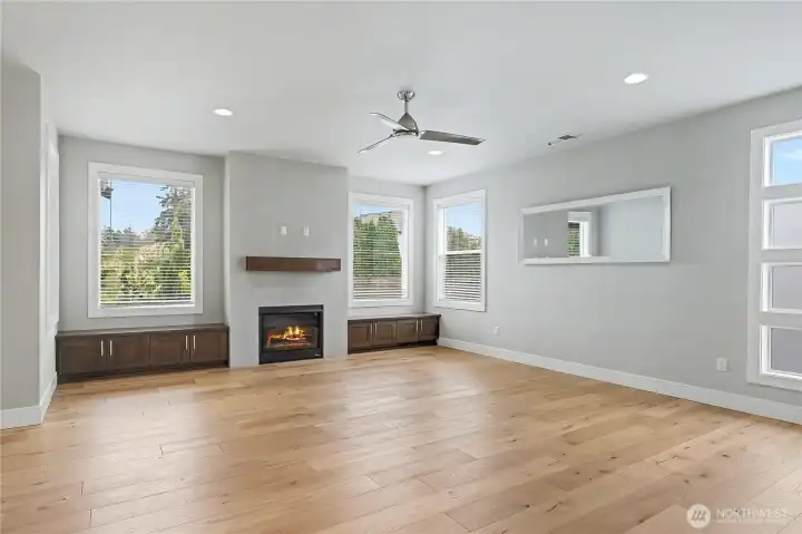 Family room view without virtual staging, again - the floors! Beautiful engineered hardwoods.