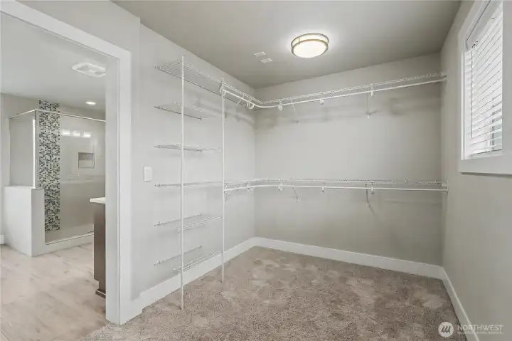 What an appropriate walk-in closet for this primary suite! Convenient shelving and larger window letting in natural light - often not found in these closets.