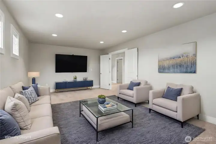 Large bonus room view with included large mounted TV! I love the French Doors, how large this room is, what will you use it for? Media room? Home Theatre? Karaoke!! Kid's playroom/school room? Perhaps an additional bedroom?