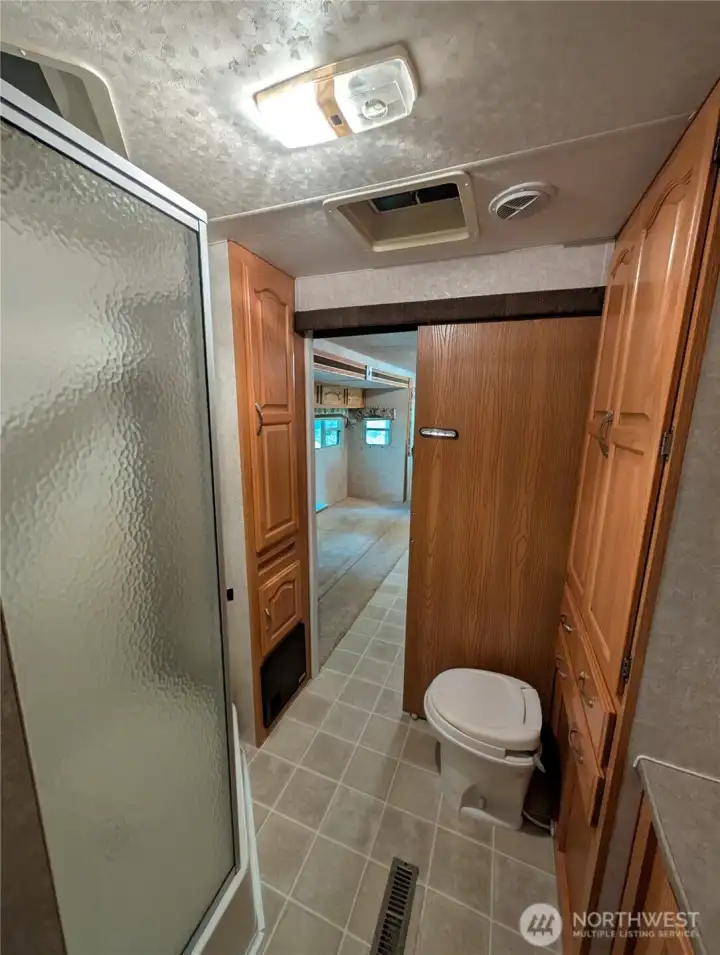 Bathroom with large shower.