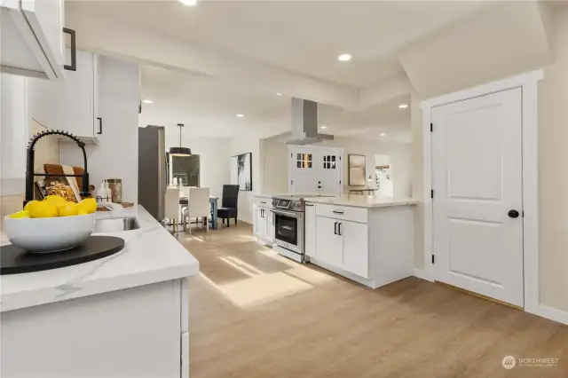 Here is another view of large open kitchen looking toward front door and great room.  The home is filled with LVP flooring throughout to make it easy to clean and keep up.  This is door to lower level apartment or second kitchen bonus room downstairs