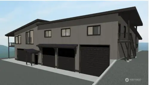 Artistic rendering of architectural plans, front elevation.