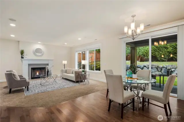 The spacious and inviting family room with a cozy gas fireplace to enjoy time!