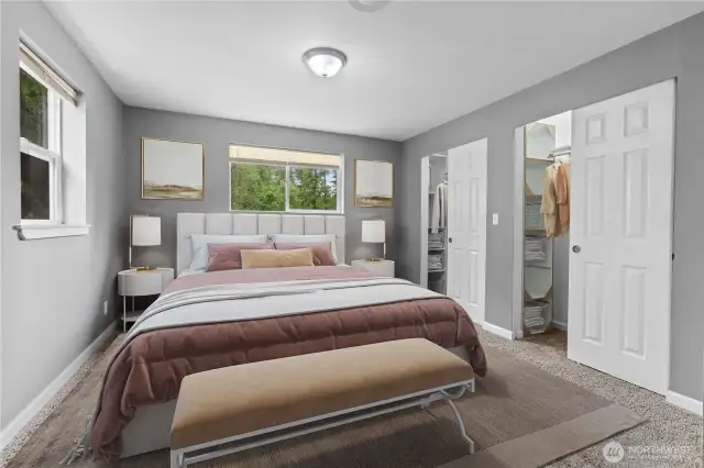 Main floor Primary Bedroom with plenty of closet space This room is virtually staged