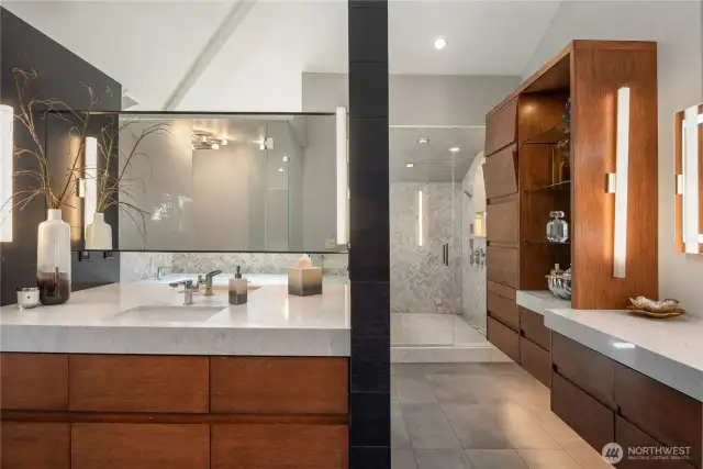 Primary bathroom with twin facing sinks and tons of counter space