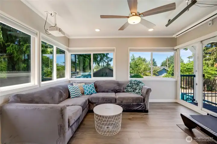 Main Floor - Media Room overlooking the pool and outside entertainment areas. Remote drop down 100'' screen included!!