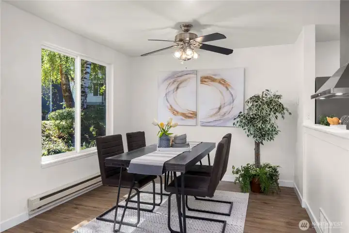 Dining space can accommodate a larger table and hutch (if you have one).
