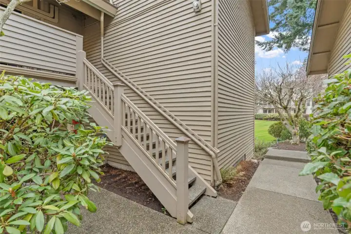 Stairway to the penthouse condo from the garage and walkway.