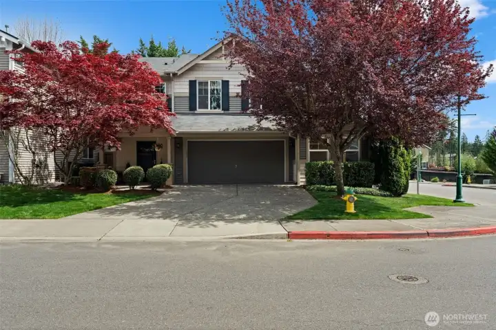The front-facing two-car garage adds both scale and utility to the home’s exterior, framed by professional landscaping and a welcoming entrance