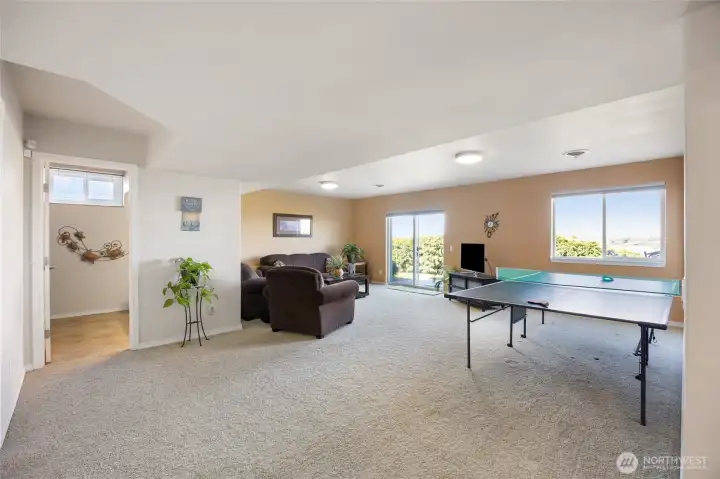 Large Family/Game room on the lower level with 2 beds, a bath and storage