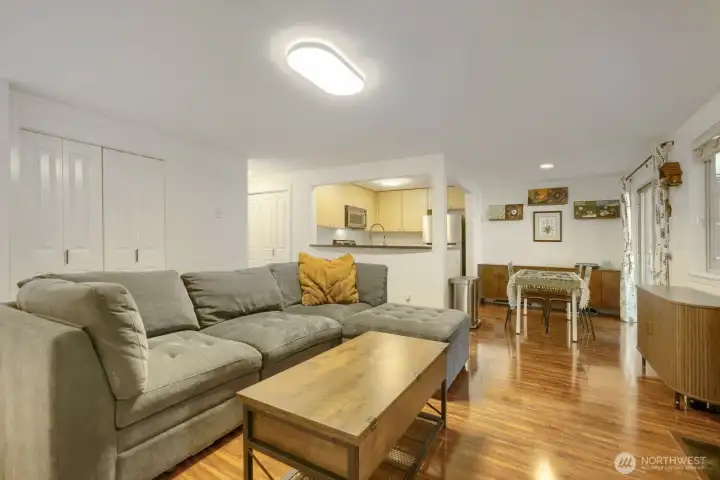 Engineered hardwood floors and usable wood burning fireplace.