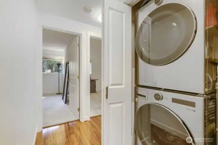 The in-unit washer and dryer offer smart technology.