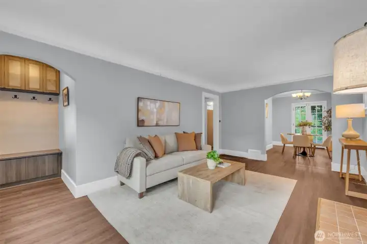Living room flows into dining room