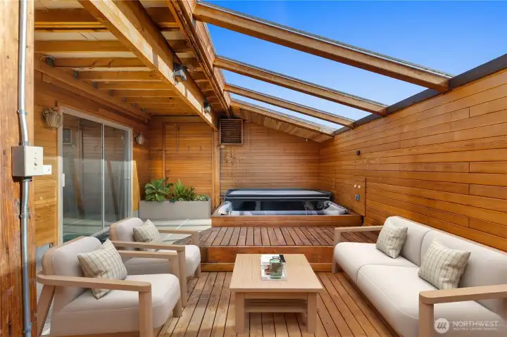 Virtually Staged.  Lap Pool covered with wood flooring