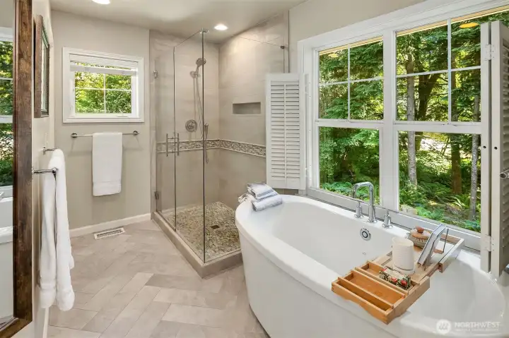 Tired from a long day of stress at the office -- sink into the extra deep soaking tub. Tired from a long day of stress at the office -- sink into the extra deep soaking tub.