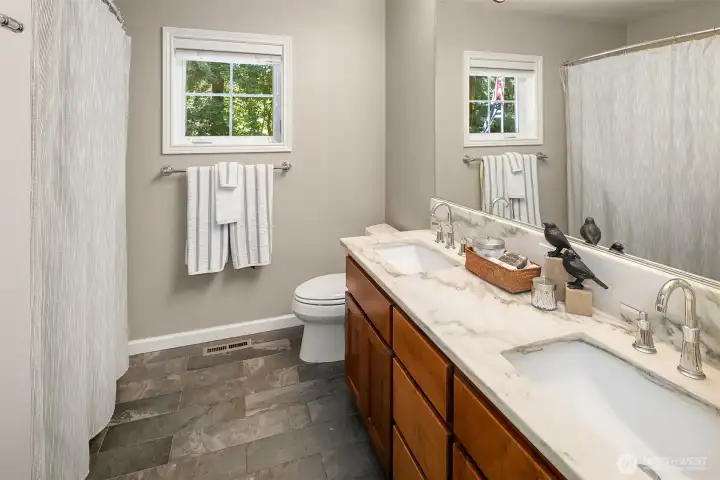 Main hall bath with double vanities. Main hall bath with double vanities.