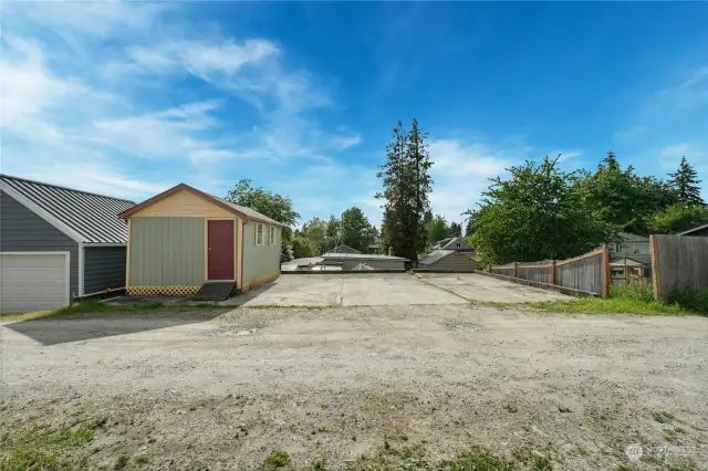 The alley has ample parking including RV parking. The storage shed comes with the house.