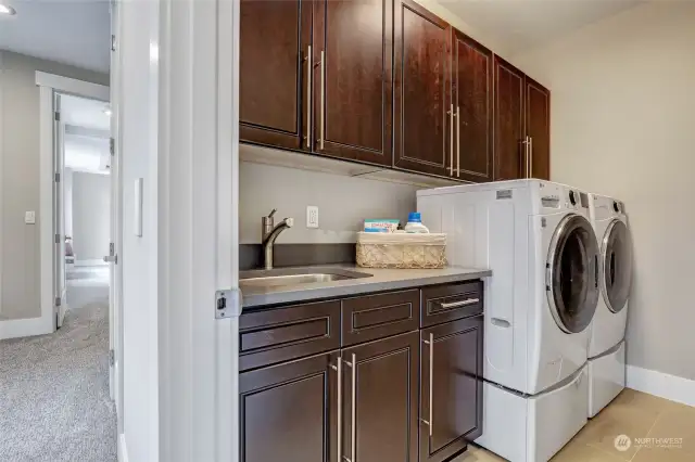 Laundry room located on the upper level. Stainless utility sink, and LG front-loading high efficiency washer and dryer on pedestals which are included with the home.