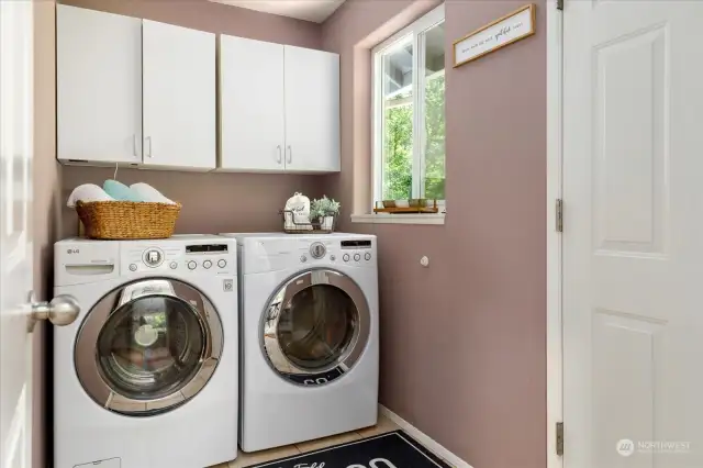 Newer washer and dryer, upper storage for laundry supplies and window to let the light shine in! Door to the back yard right side of picture.