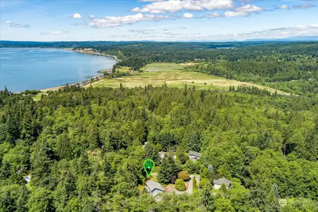 Aerial view of property surrounded by trees coastline, and Maxwelton Valley. Beautiful area on South Whidbey!