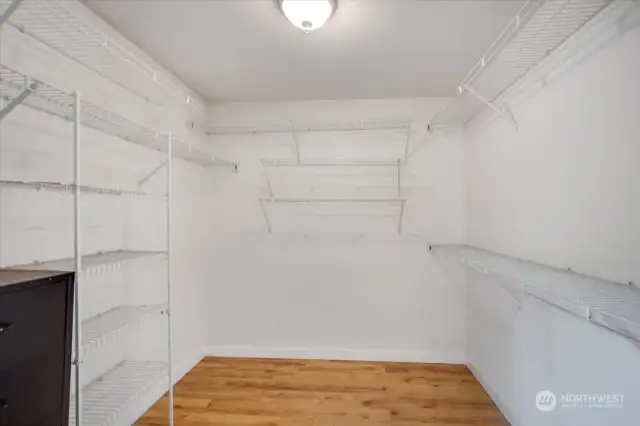The primary closet is quite spacious and has ample organizers.