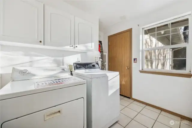 Laundry space, both washer and dryer stay. Door leads to garage.