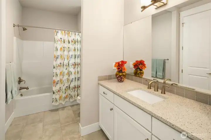 Large full bath with en suite access to lower level bedroom.