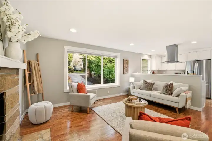 A look toward the open kitchen area. The oak hardwoods are beautiful!