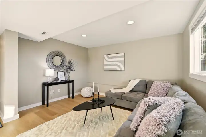 The lower level rec room offers great flexibility as it functions well as a TV room, office, workout room or kids play space. A space that adjusts to a family's needs.