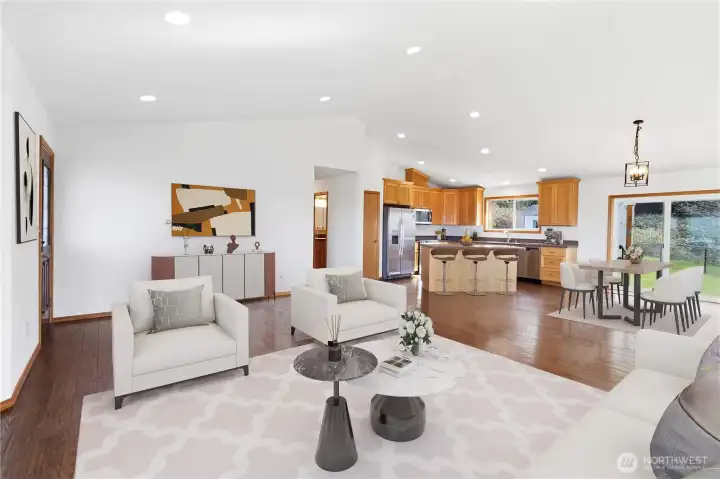 Virtually Staged Living room, dining area & kitchen