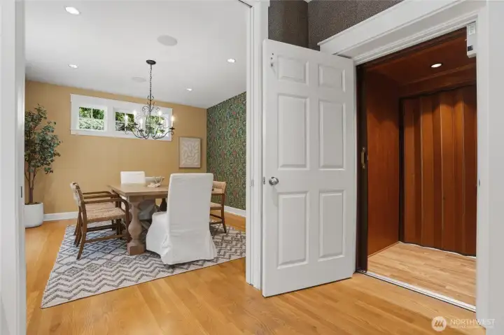 Dining room and cabin of the 3-level elevator.