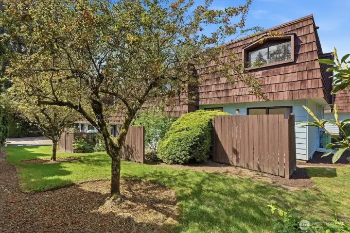 Back view of the home, including a private patio which opens to a grassy common area.