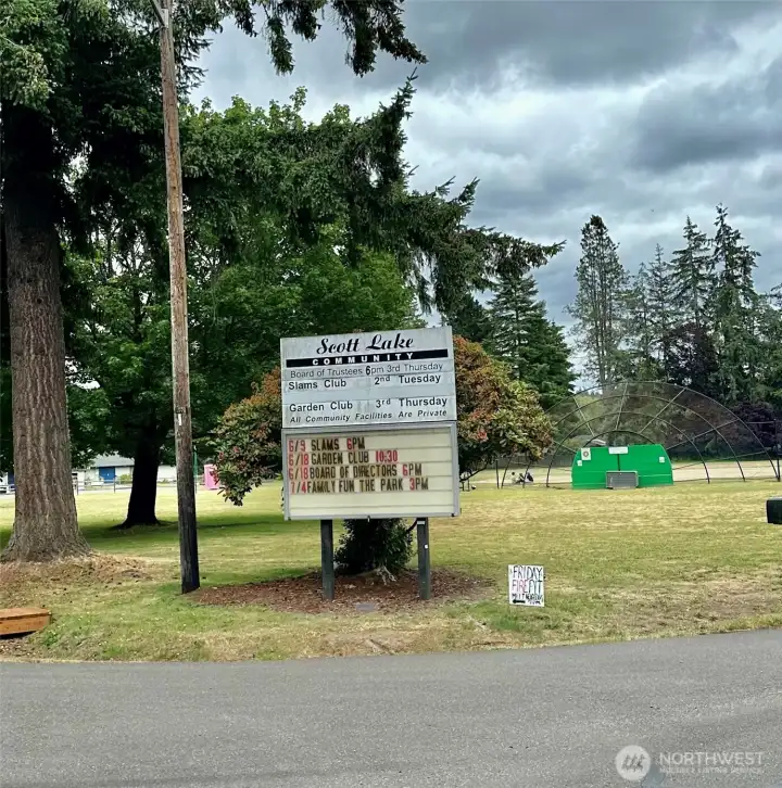 Scott Lake Community Park, play field, swimming dock, fishing dock, covered picnic area and kayak ramp.