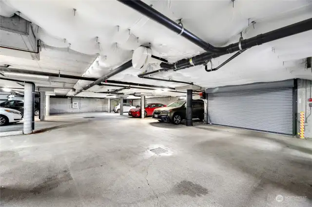 Another view of the secure garage with metal door.  Trash and Recycling can be accessed via a door next to the electric garage door.