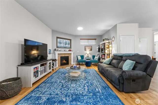Cozy living room with fireplace and reading nook