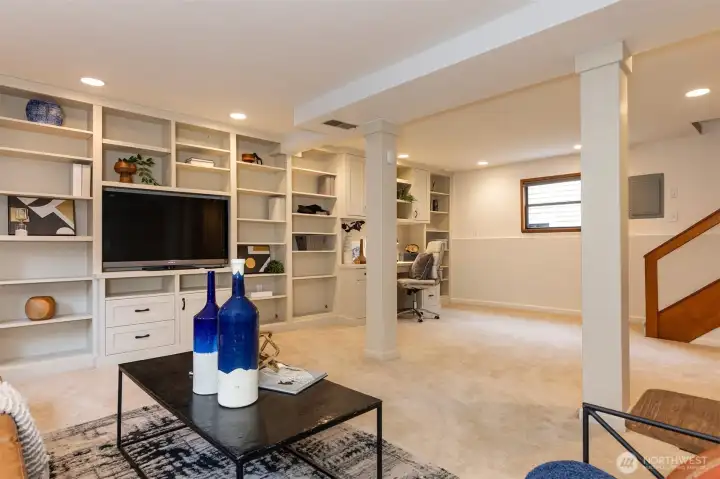 Built ins all around basement.