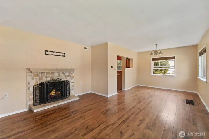 Living, Dining, wood fireplace