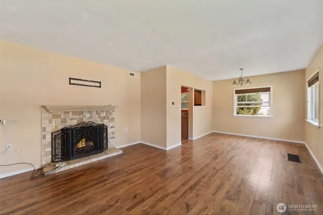 Living, Dining, wood fireplace