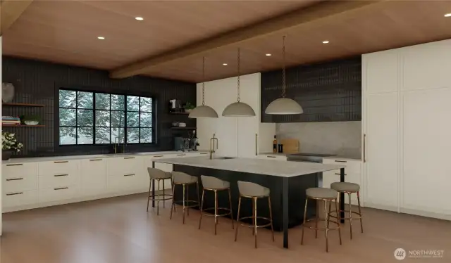 Wood lined ceilings in gourmet kitchen