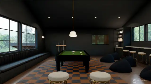 Spacious game room above garage