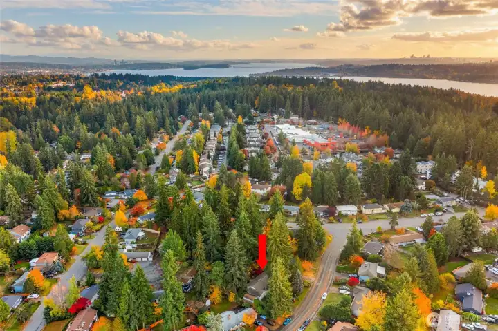 Southern Aerial view. View of nearby grocery, along with Seattle and Bellevue in backgrounds.