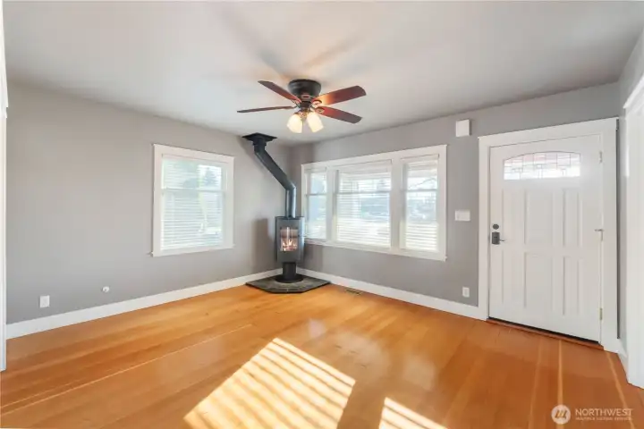 Beautiful original fir flooring  in living, dining and main floor bedrooms.