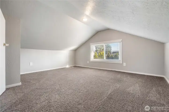 Upstairs bedroom with plush carpeting.
